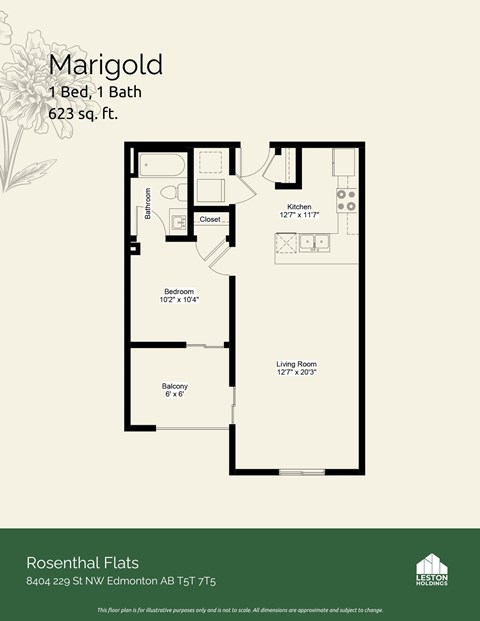 Floor plan for 1 bed, 1 bath, 706 sqft